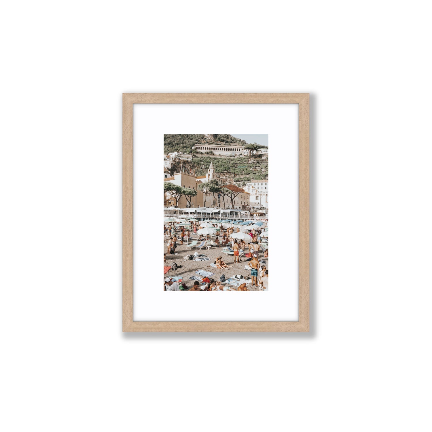 Festa In Spiaggia Amalfi coastal wall art Small fine art print in natural oak frame with matboard