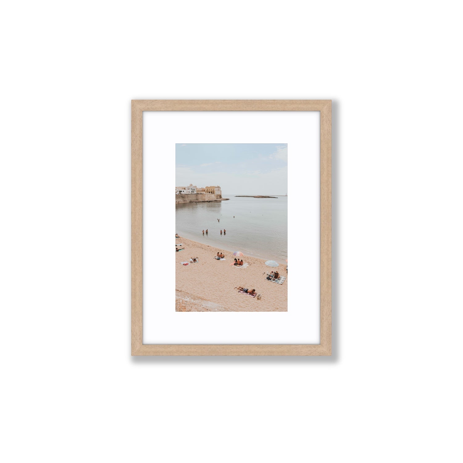 Spiaggia della Purita Puglia coastal art print Small fine art print in natural oak frame with matboard