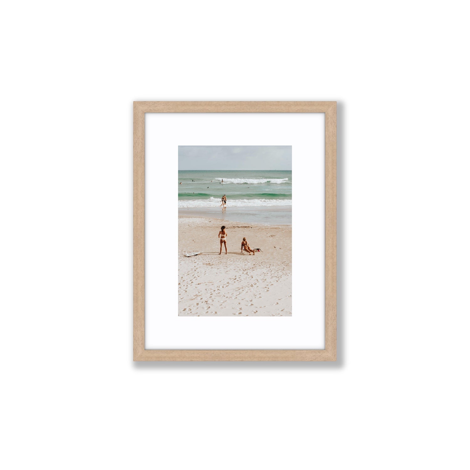 Gidget & Betty Byron Bay beach coastal wall art Small fine art print in natural oak frame with matboard