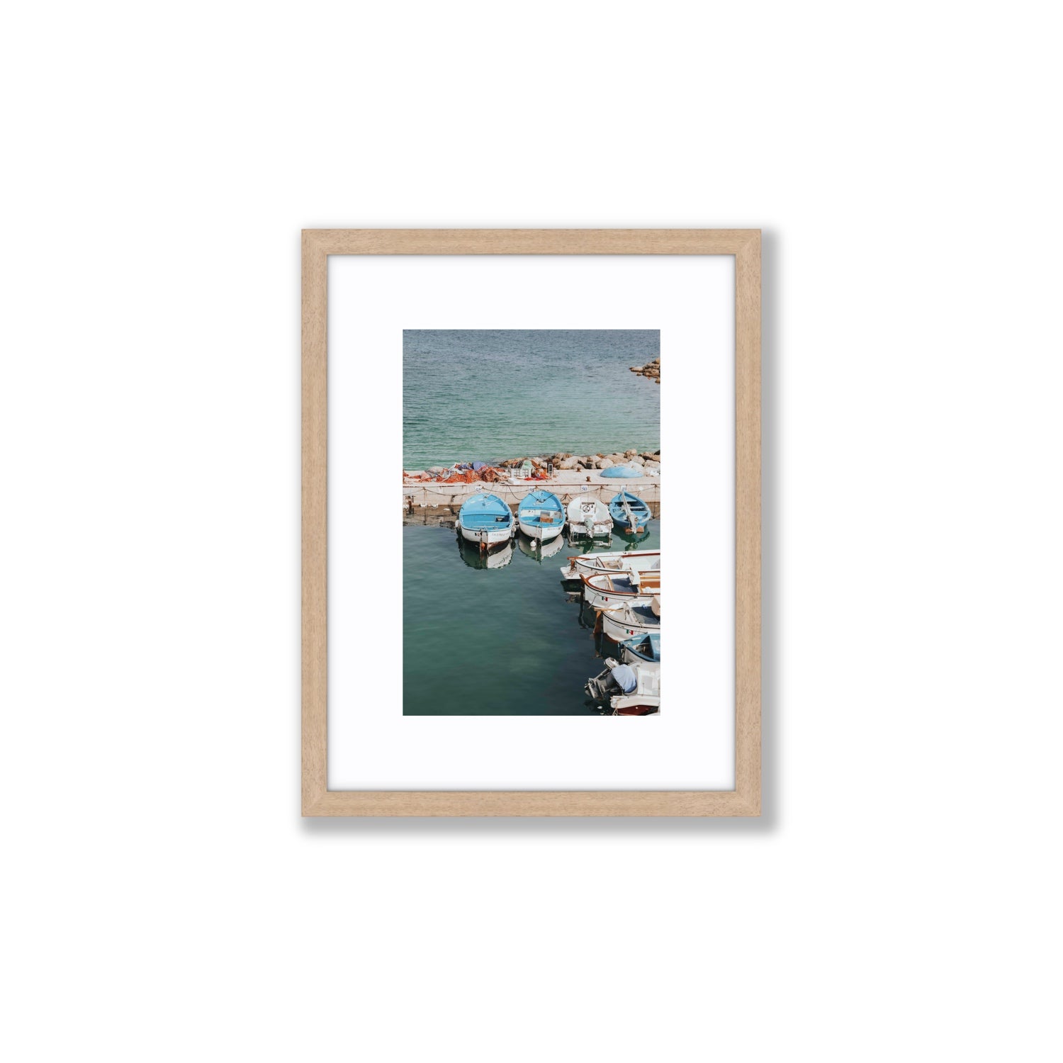 Maritime Memories Puglia Harbour Reflections coastal wall art Small fine art print in natural oak frame with matboard