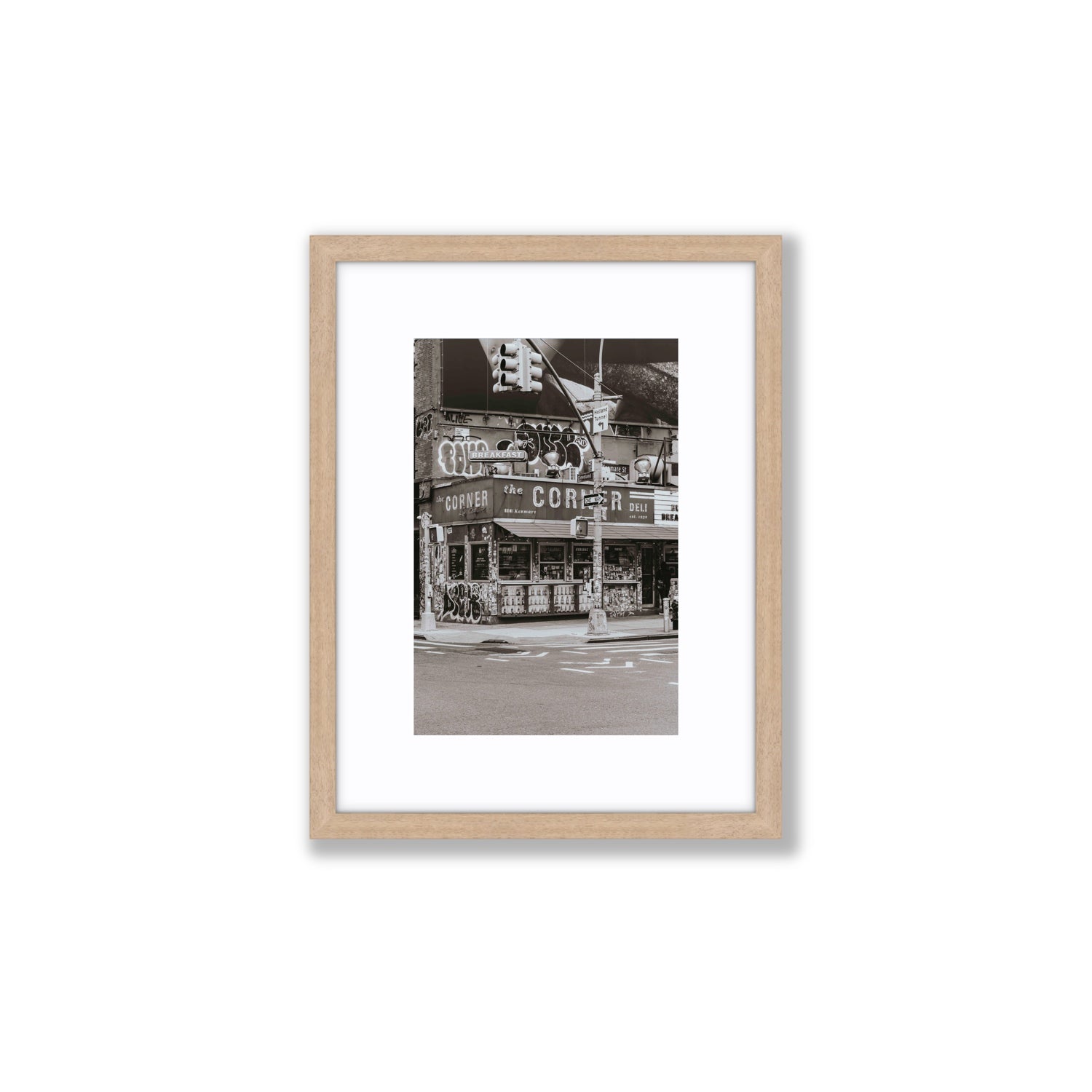 Soho Deli New York NYC Black & White wall art Small fine art print in natural oak frame with matboard