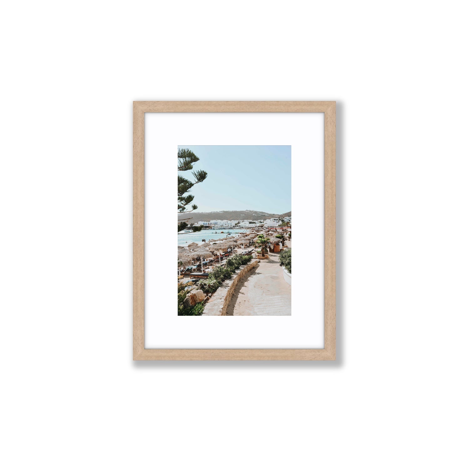 All Roads Lead To The Beach Mykonos Greek island wall art Small fine art print in natural oak frame with matboard