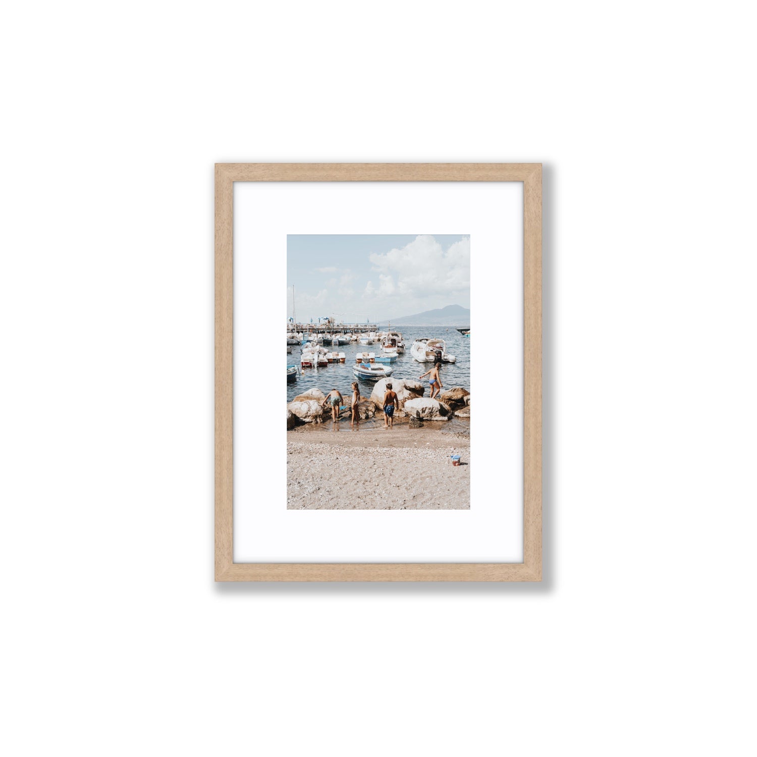 Searching For Treasures Sorrento coastal wall art Small fine art print in natural oak frame with matboard