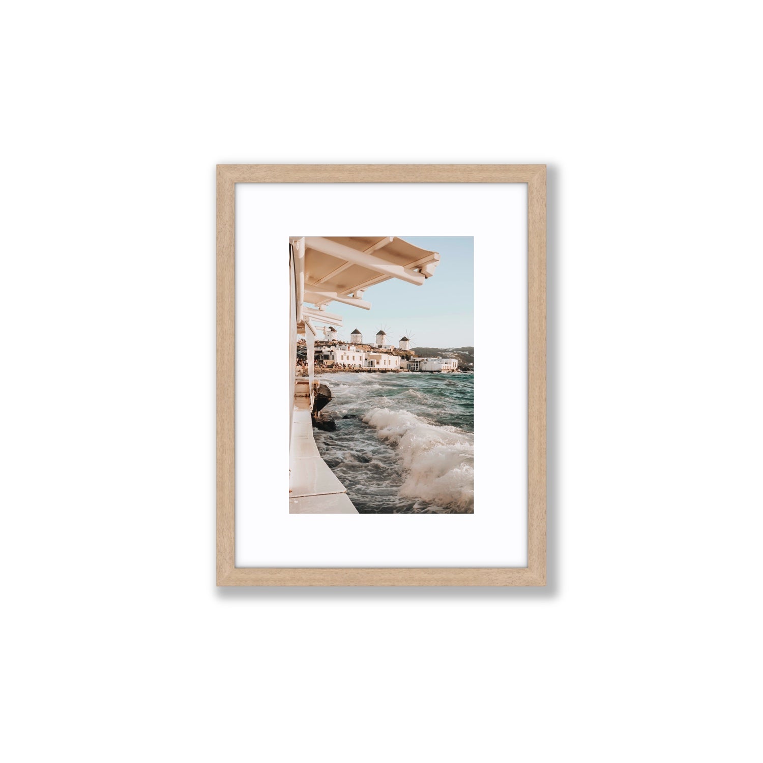 Windmills Mykonos Greek island wall art Small fine art print in natural oak frame with matboard