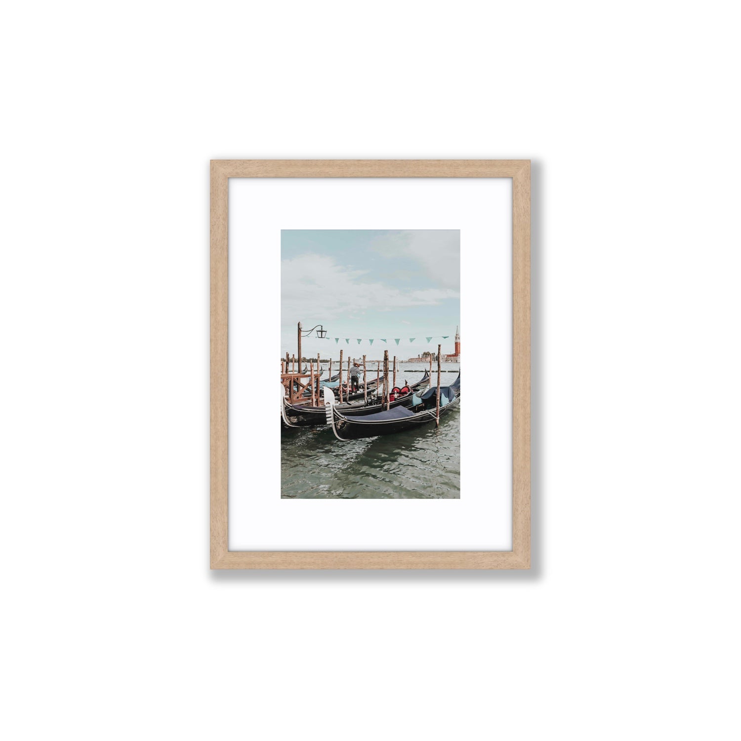 The Gondolier Venice Gondola Italian wall art Small fine art print in natural oak frame with matboard