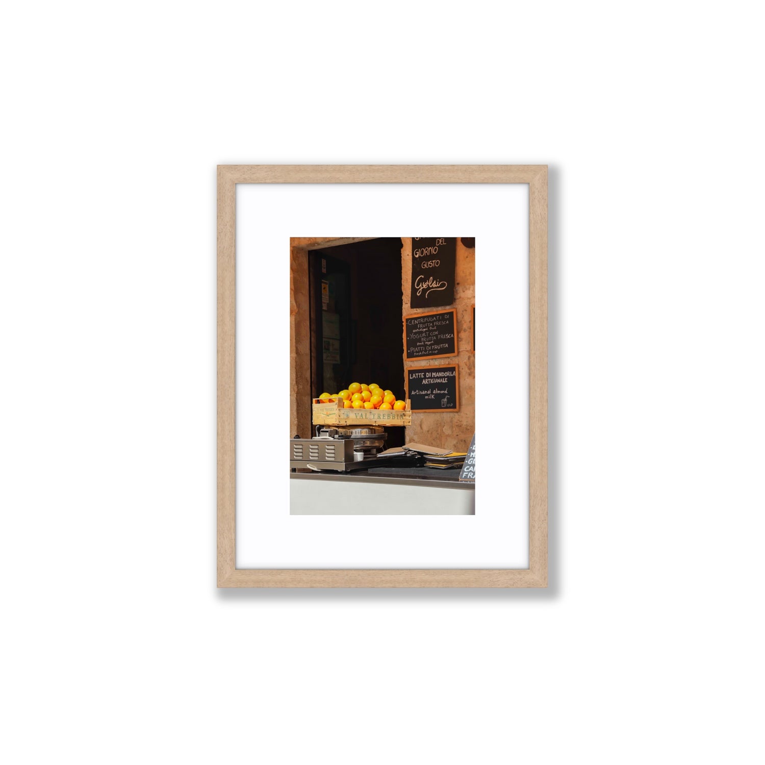 Luminous Citrus Puglia Ostuni Italian wall art Small fine art print in natural oak frame with matboard
