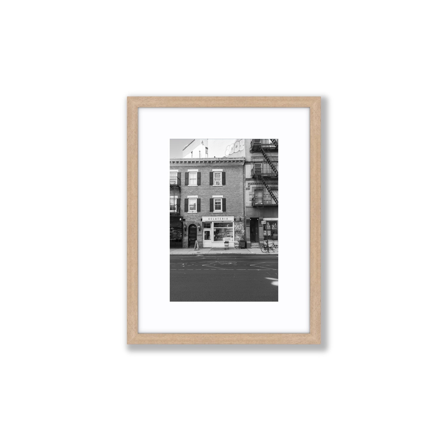 Gelateria New York NYC Black & White wall art Small fine art print in natural oak frame with matboard