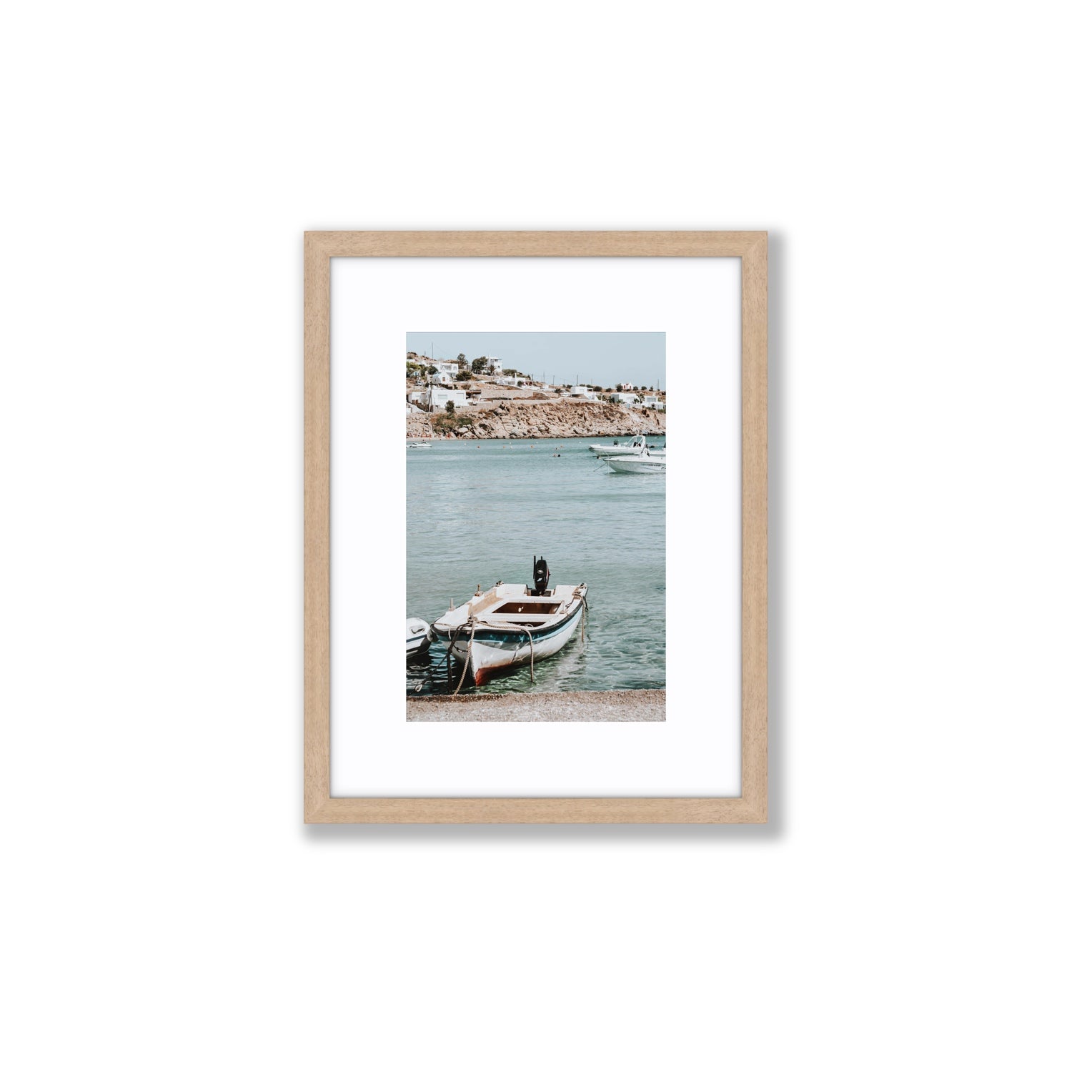 Classic Wheels Mykonos Greek island wall art Small fine art print in natural oak frame with matboard