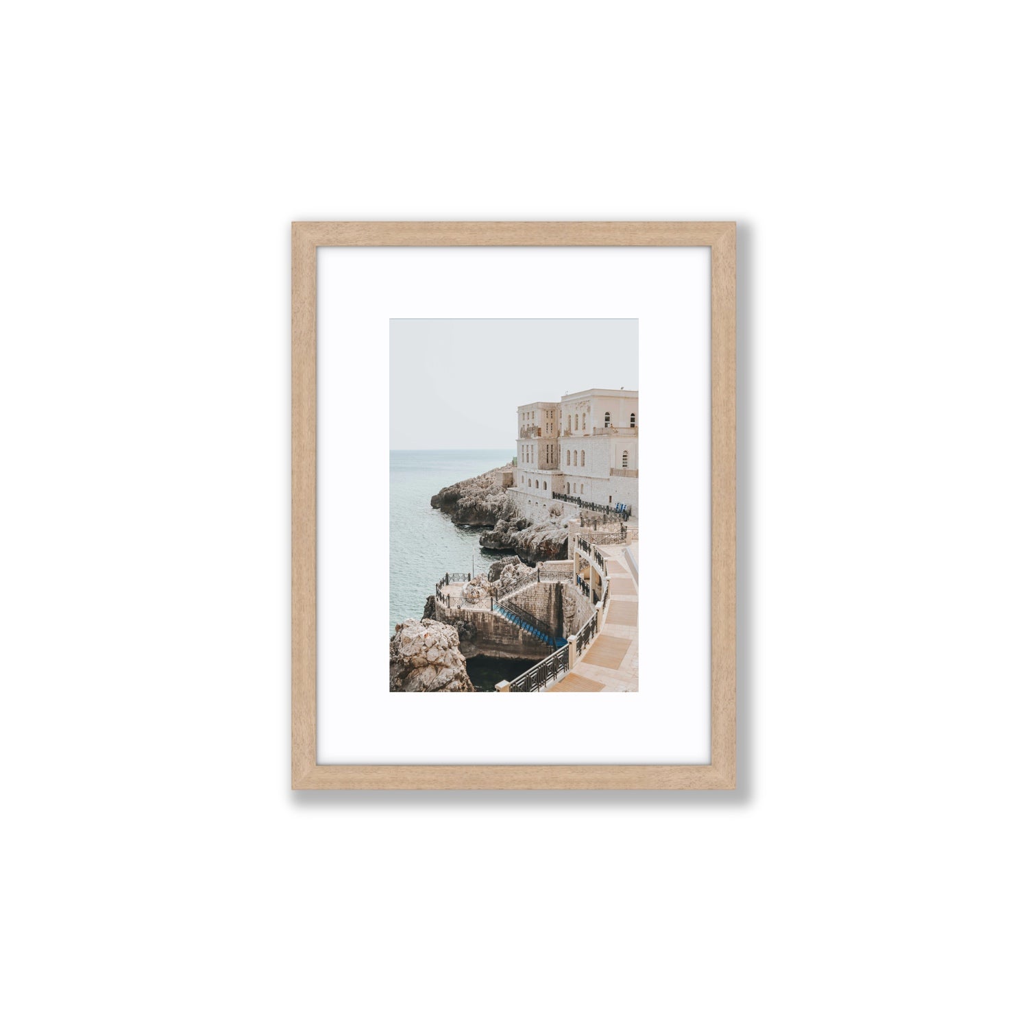 Santa Cesarea Puglia Italian coastal wall art Small fine art print in natural oak frame with matboard