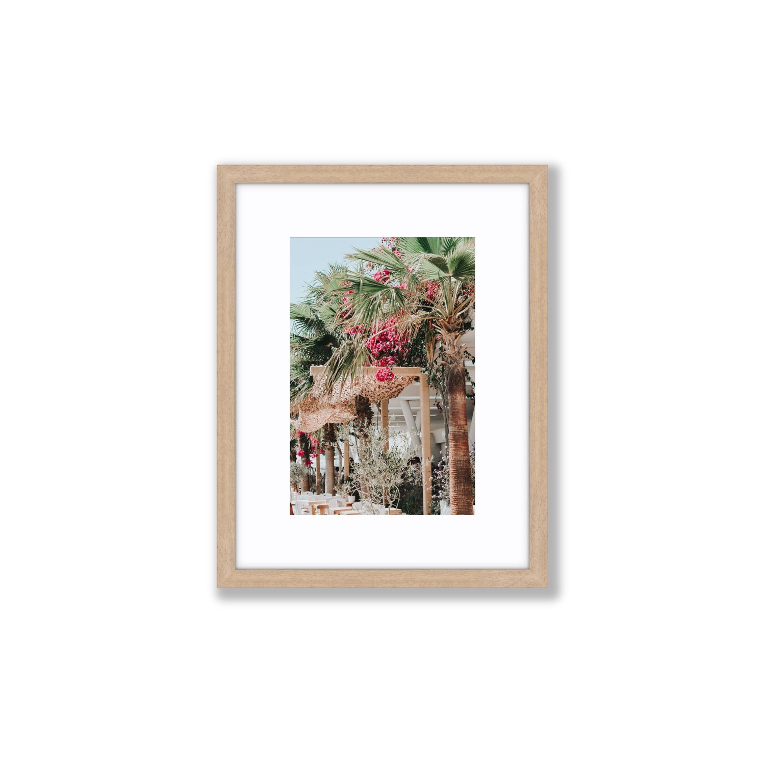 Palm Trees Mykonos Greek island wall art Small fine art print in natural oak frame with matboard