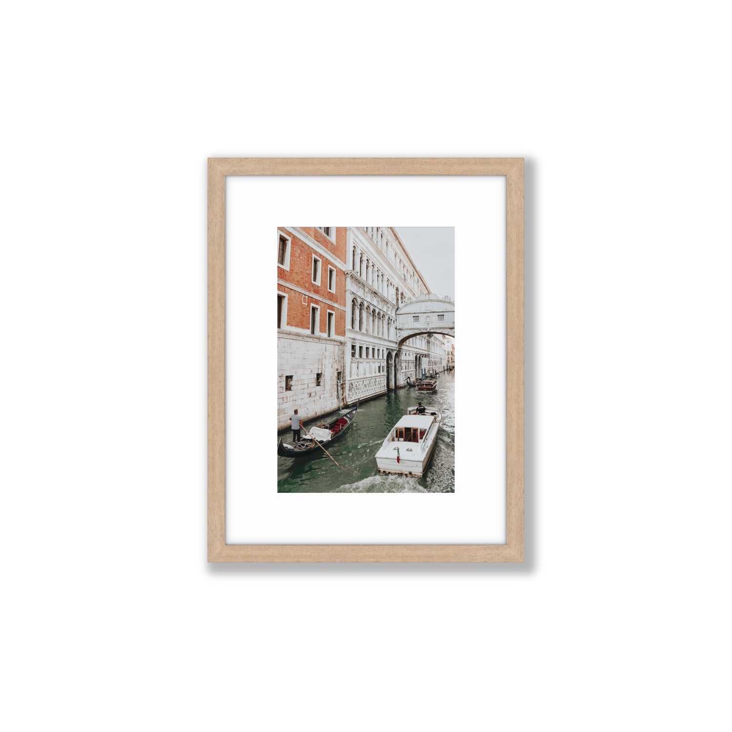Under the Bridge Venice Gondola Italian wall art Small fine art print in natural oak frame with matboard
