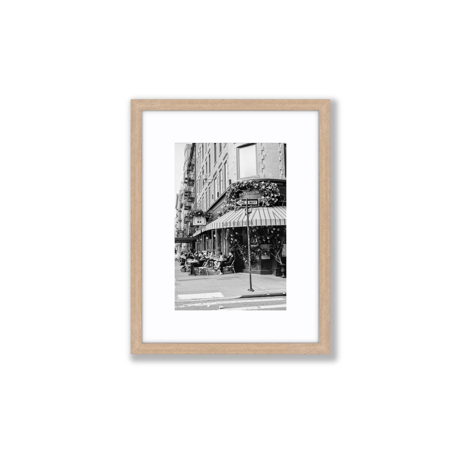 Freda's Feast New York NYC Black & White wall art Small fine art print in natural oak frame with matboard