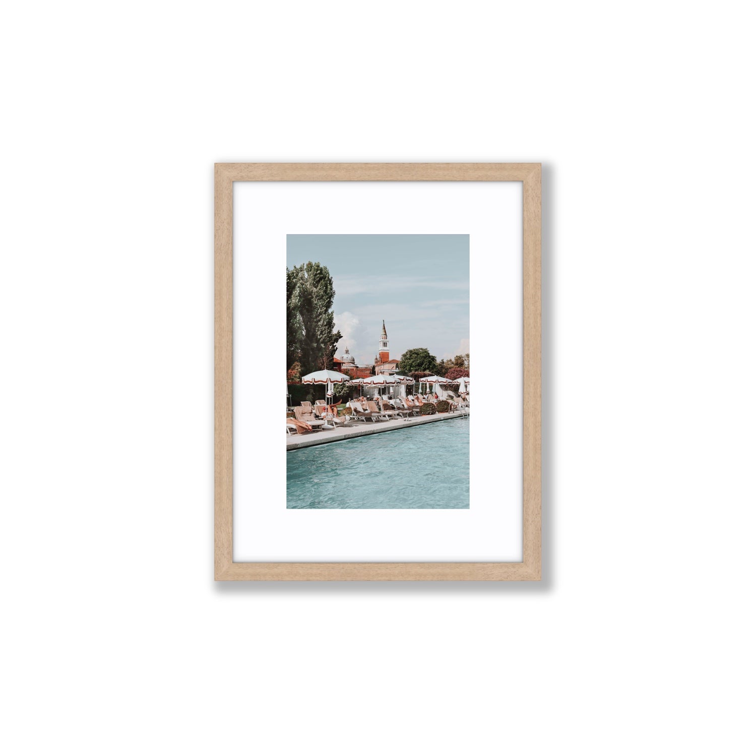Poolside Perch Venice Italian wall art Small fine art print in natural oak frame with matboard