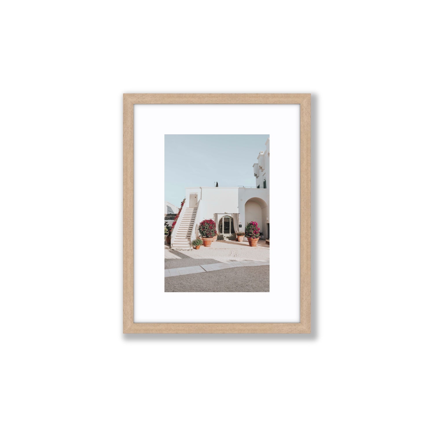 Scala Fiorita Puglia Mediterranean wall art Small fine art print in natural oak frame with matboard