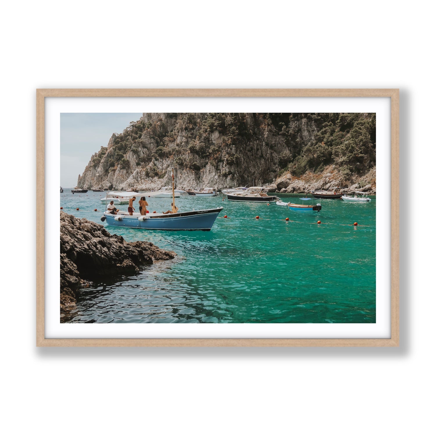 Cozy Cove Capri coastal Mediterranean wall art Gallery fine art print in natural oak frame with matboard