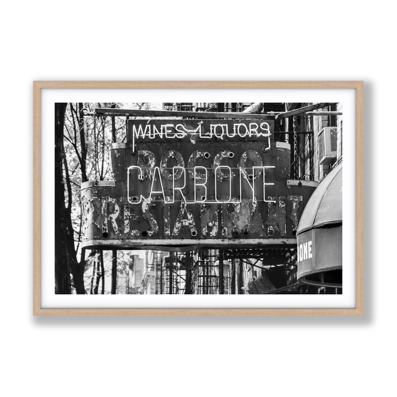 Thompson Street New York NYC Black & White wall art Gallery fine art print in natural oak frame with matboard