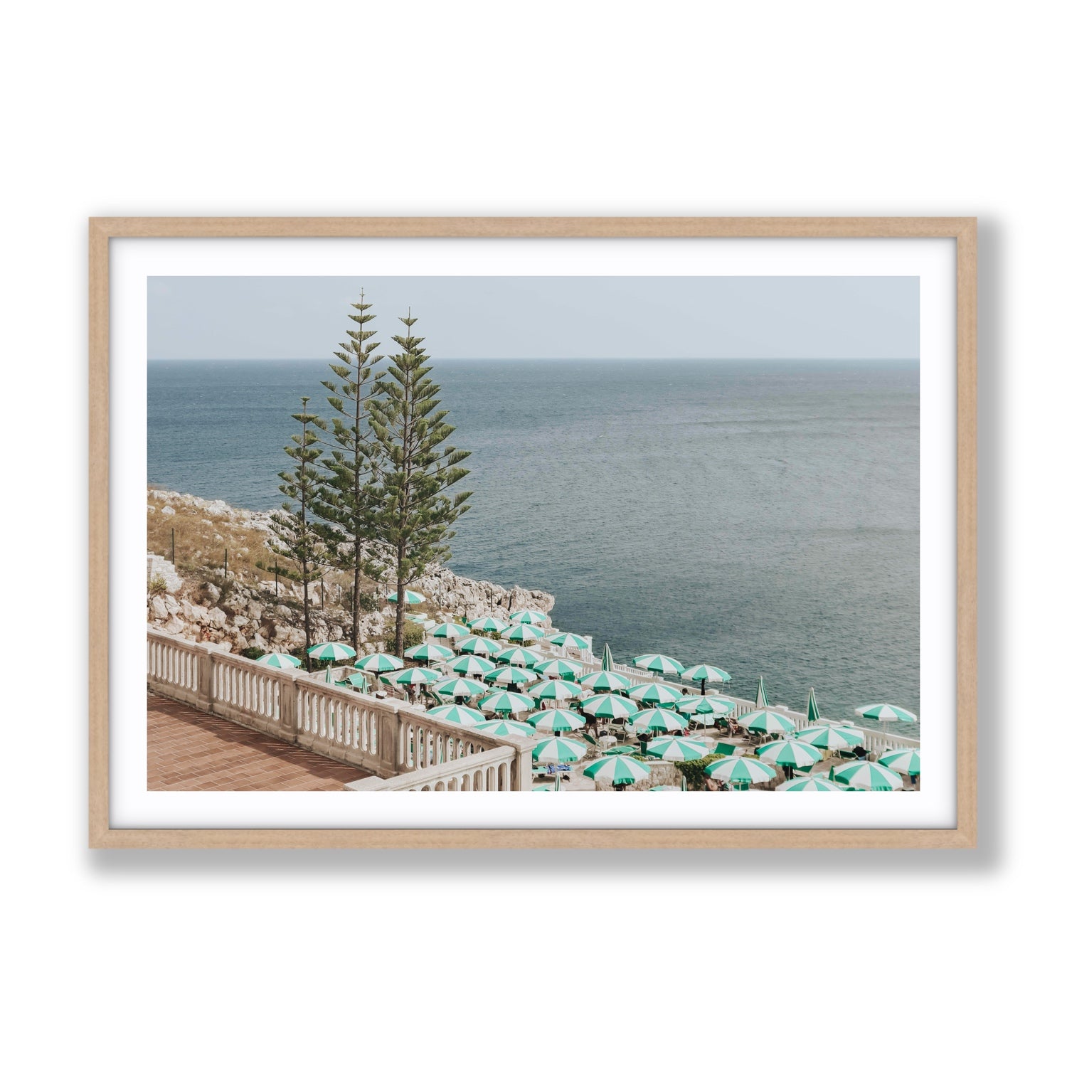 Azure Horizon Puglia beach coastal wall art Gallery fine art print in natural oak frame with matboard