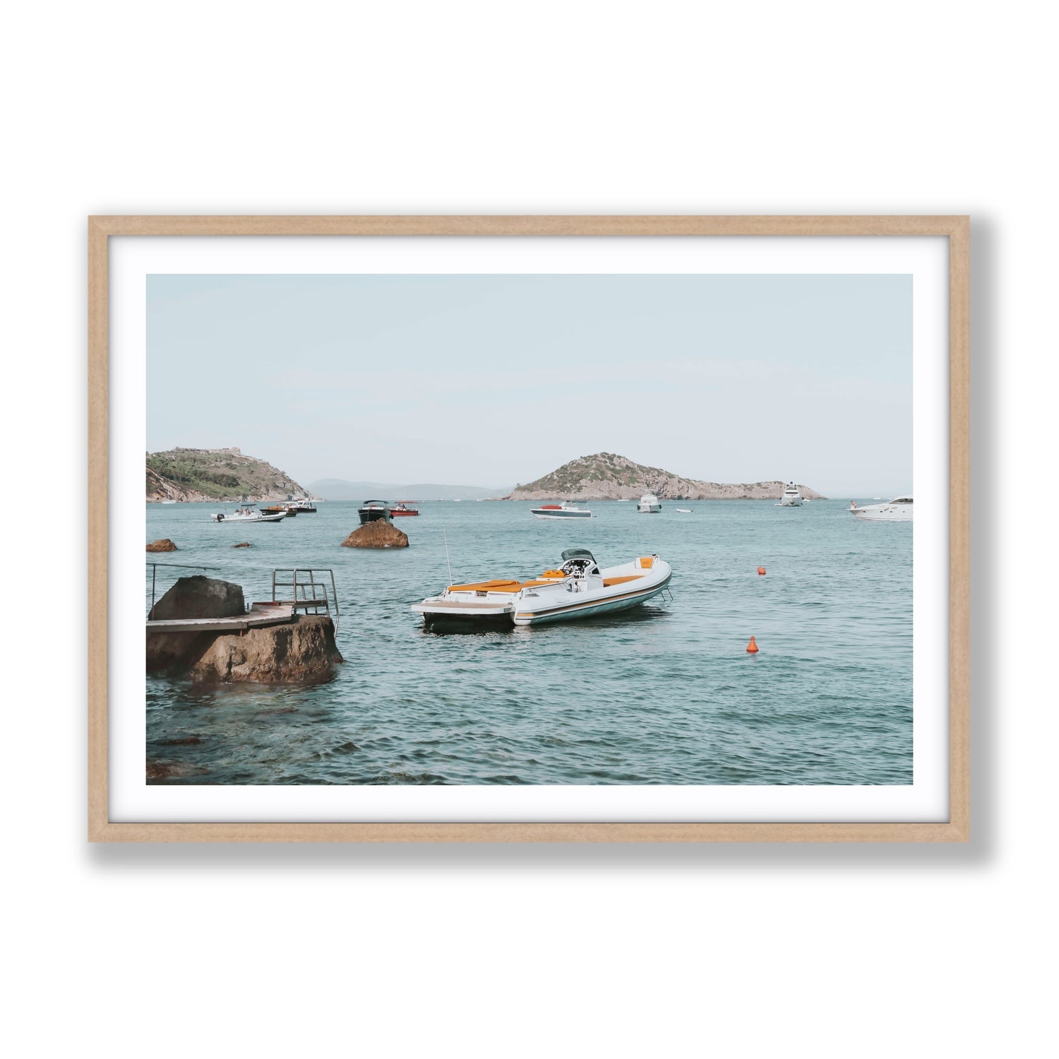 The Azure Sea Tuscany coastal Italian wall art Gallery fine art print in natural oak frame with matboard