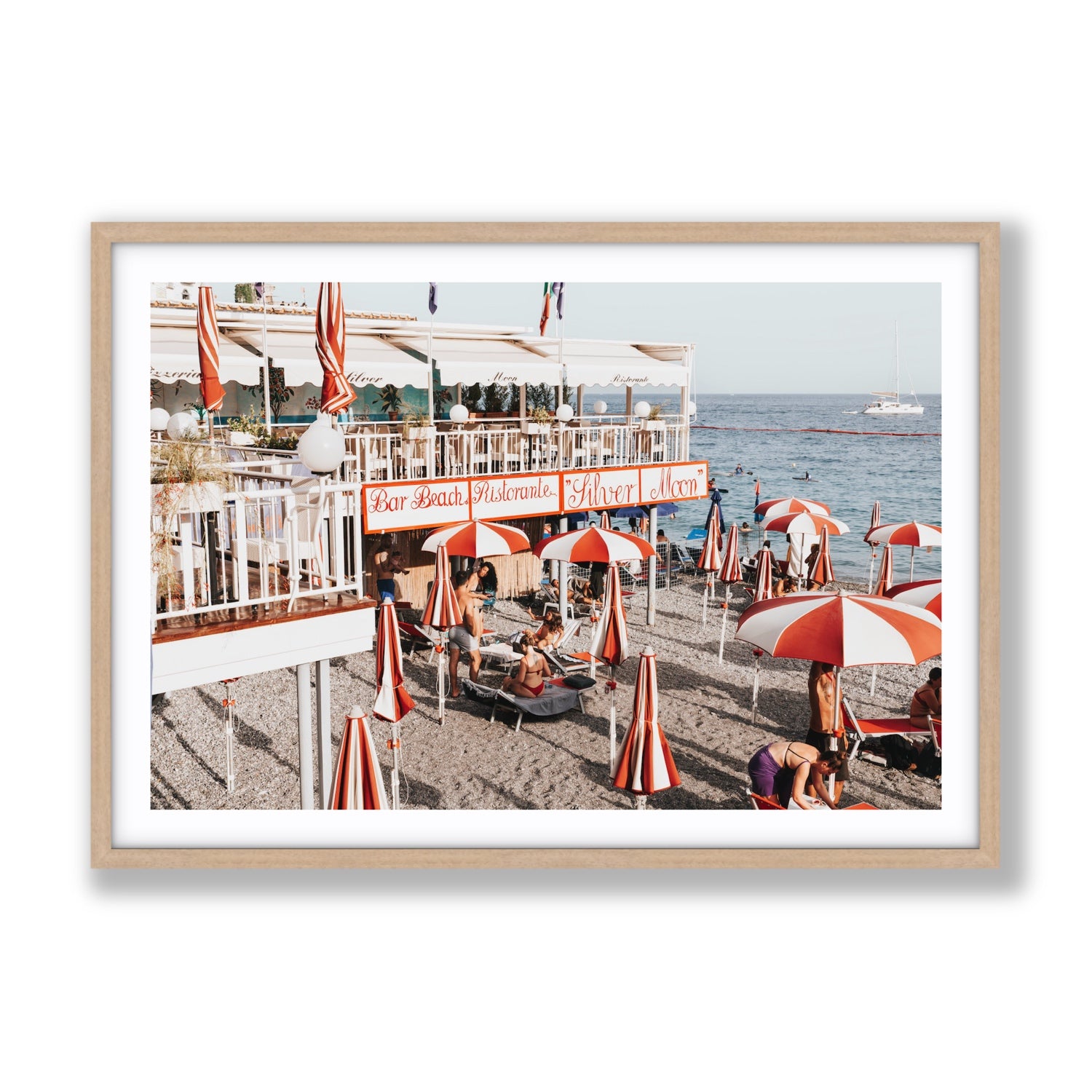 Silver Moon Amalfi Mediterranean wall art Gallery fine art print in natural oak frame with matboard