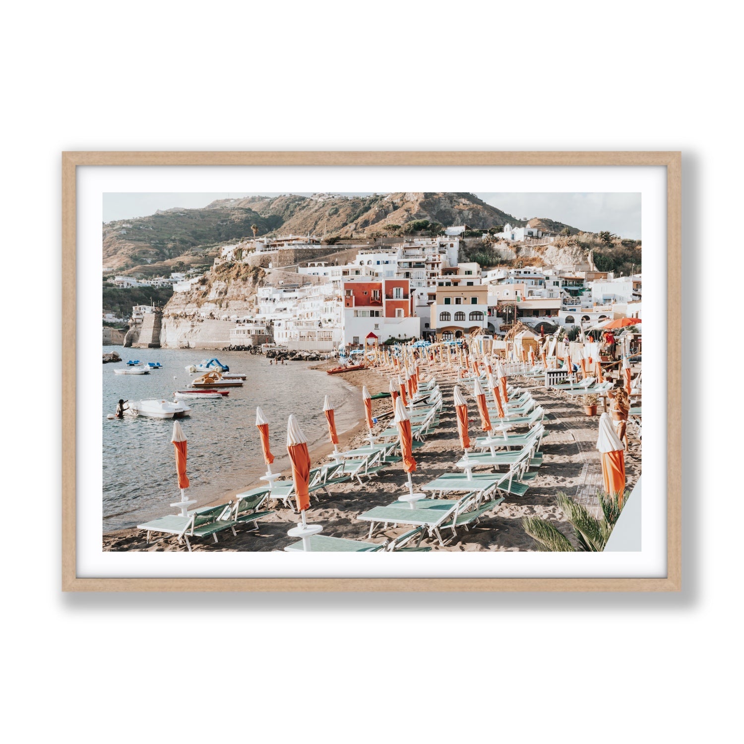 Sole Estivo Ischia Italian coastal wall art Gallery fine art print in natural oak frame with matboard