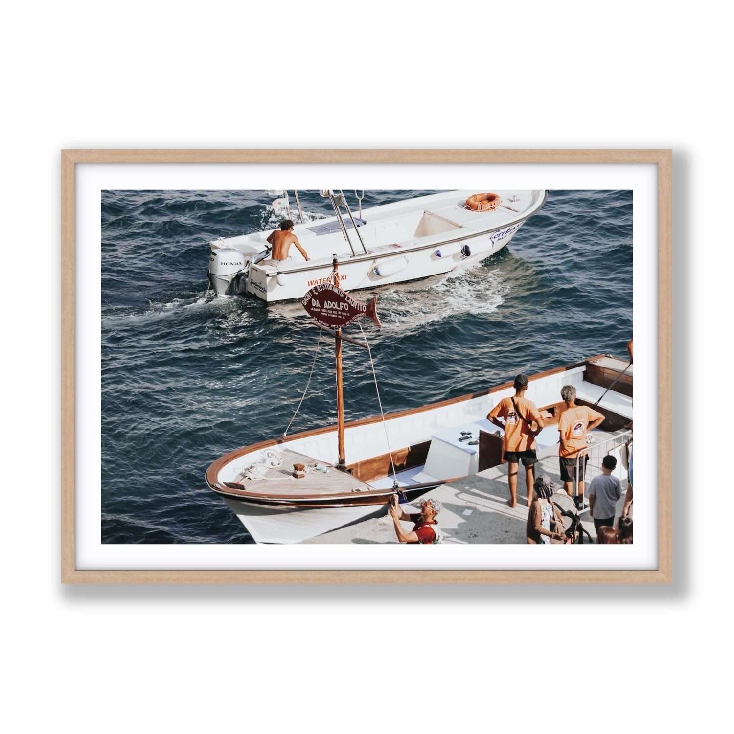 Water Taxi Positano wall art Gallery fine art print in natural oak frame with matboard