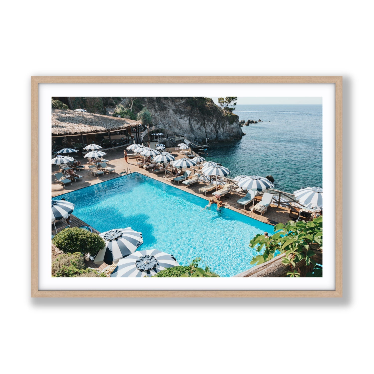 Oceanview Ischia Italian coastal wall art Gallery fine art print in natural oak frame with matboard