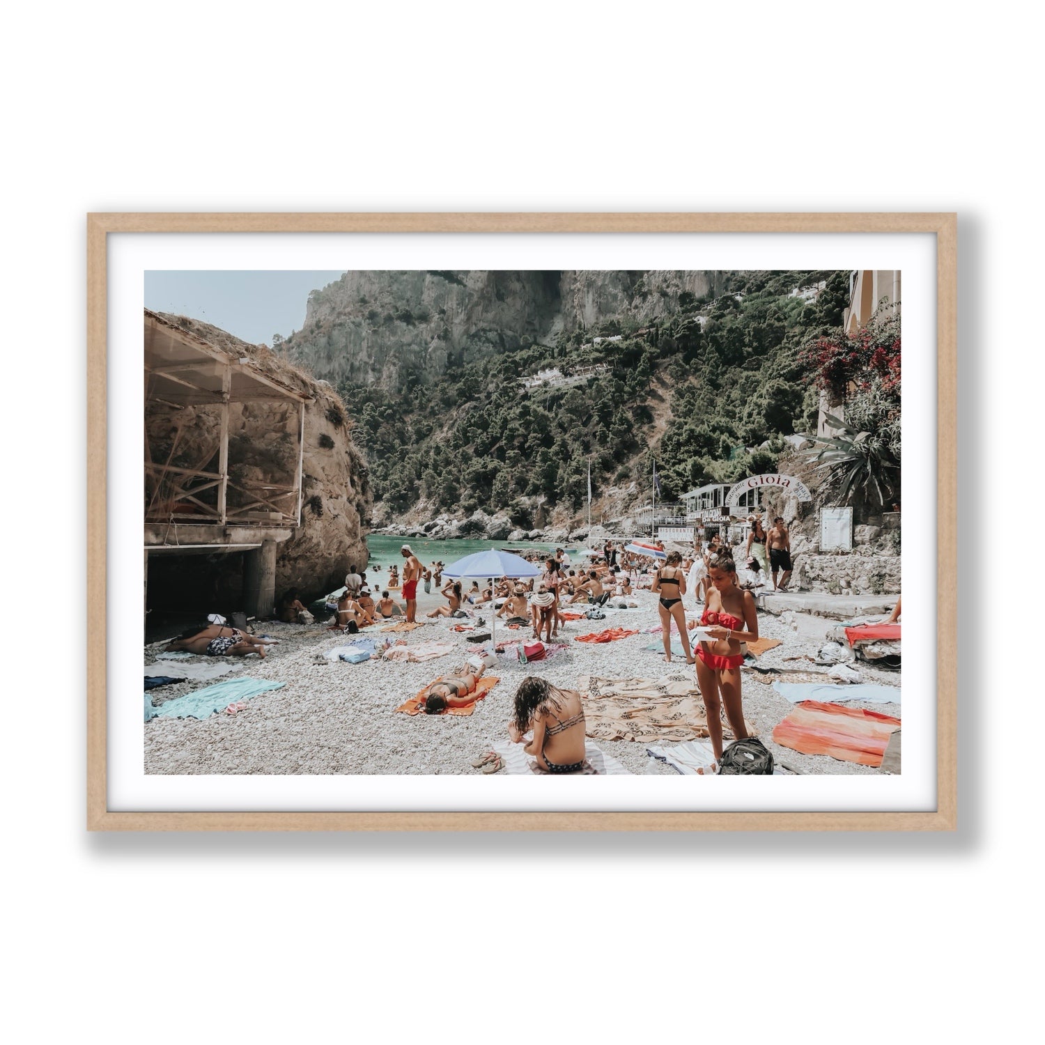 Spiaggia Da Gioia Capri beach coastal wall art Gallery fine art print in natural oak frame with matboard