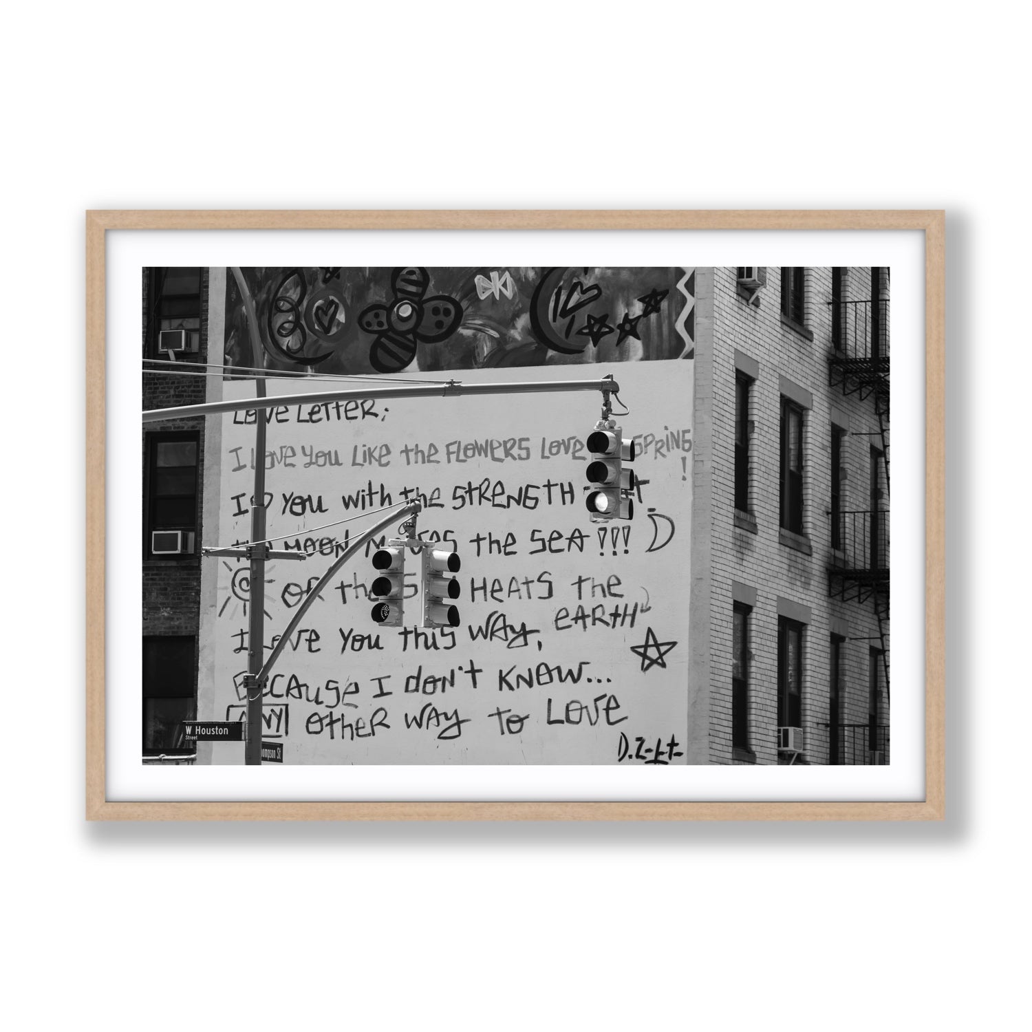 Love Letter New York NYC Black & White wall art Gallery fine art print in natural oak frame with matboard