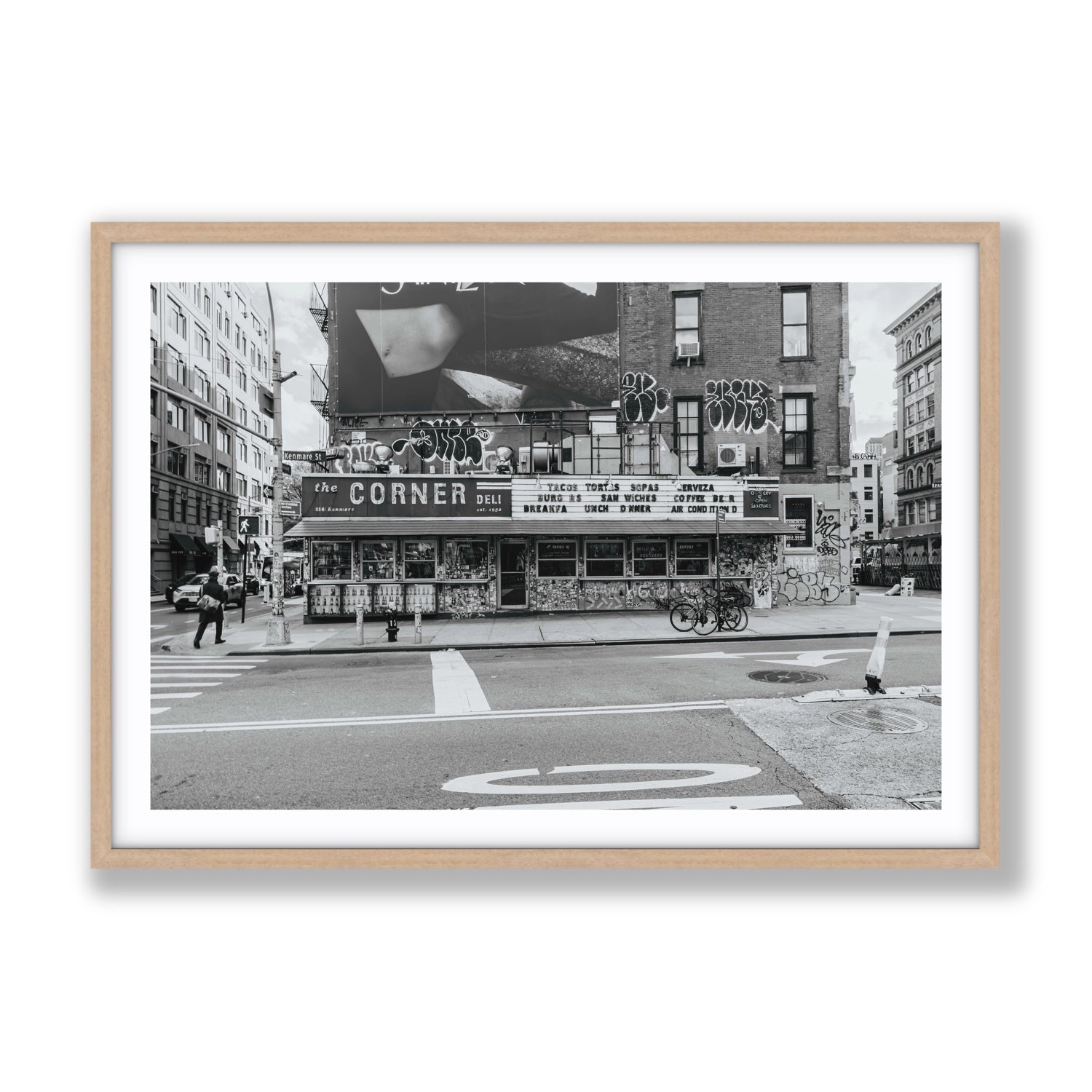 Kenmare Street New York NYC Black & White wall art Gallery fine art print in natural oak frame with matboard