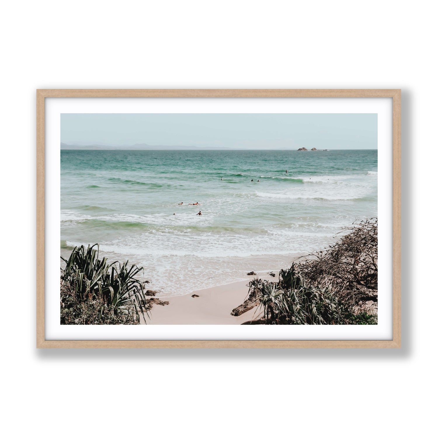 Surf City Byron Bay Surf coastal wall art Gallery fine art print in natural oak frame with matboard