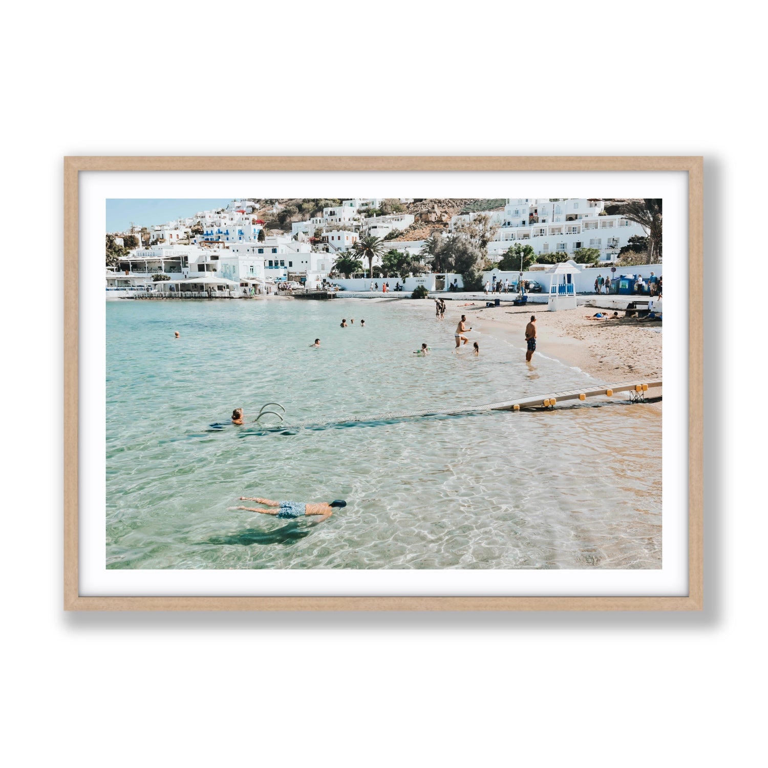 Bathe Yourself In Beauty Mykonos Greek island wall art Gallery fine art print in natural oak frame with matboard