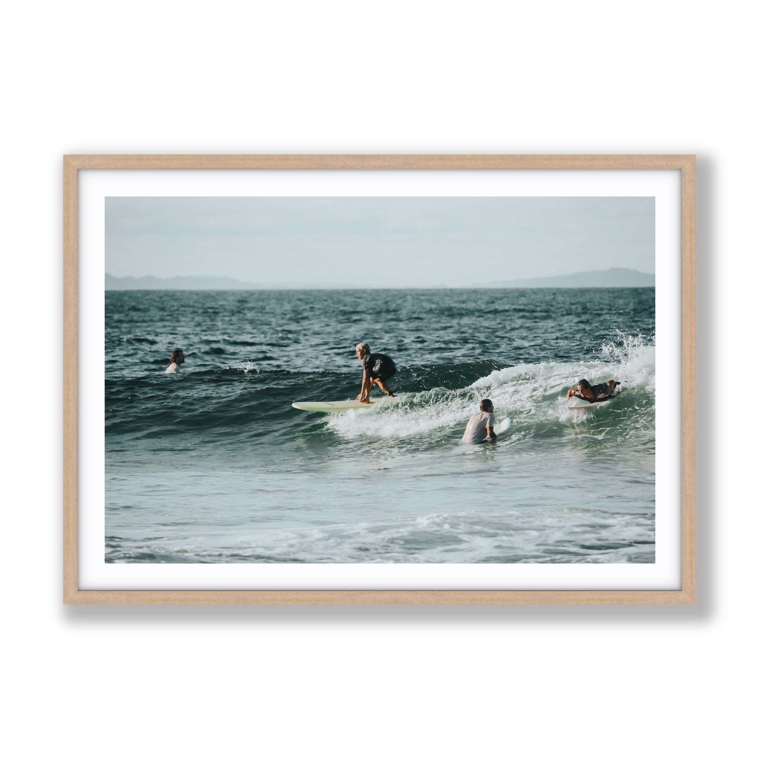 The Boys of Summer Byron Bay Surf coastal wall art Gallery fine art print in natural oak frame with matboard