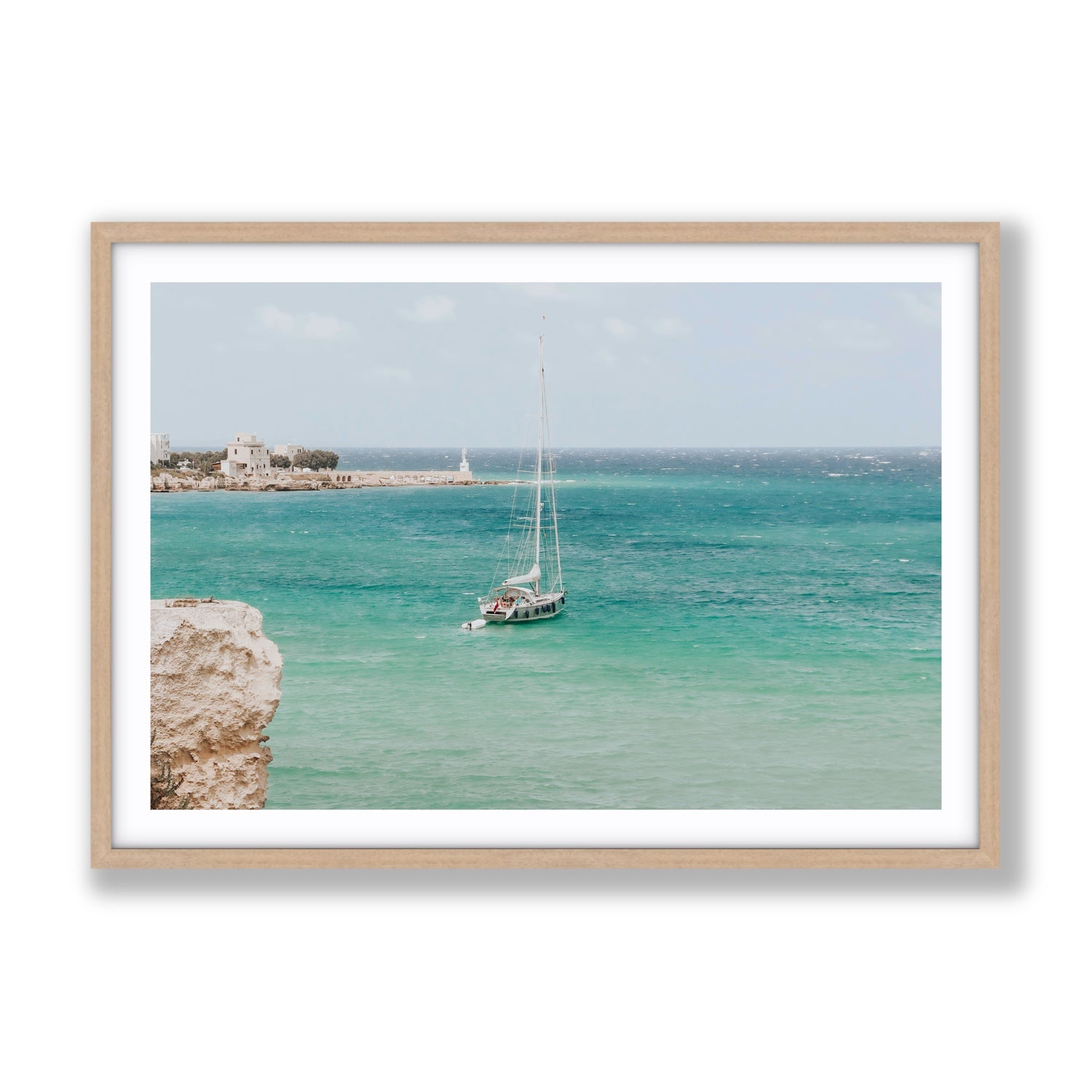 Adriatic Escape Puglia Italian coastal decor wall art Gallery fine art print in natural oak frame with matboard