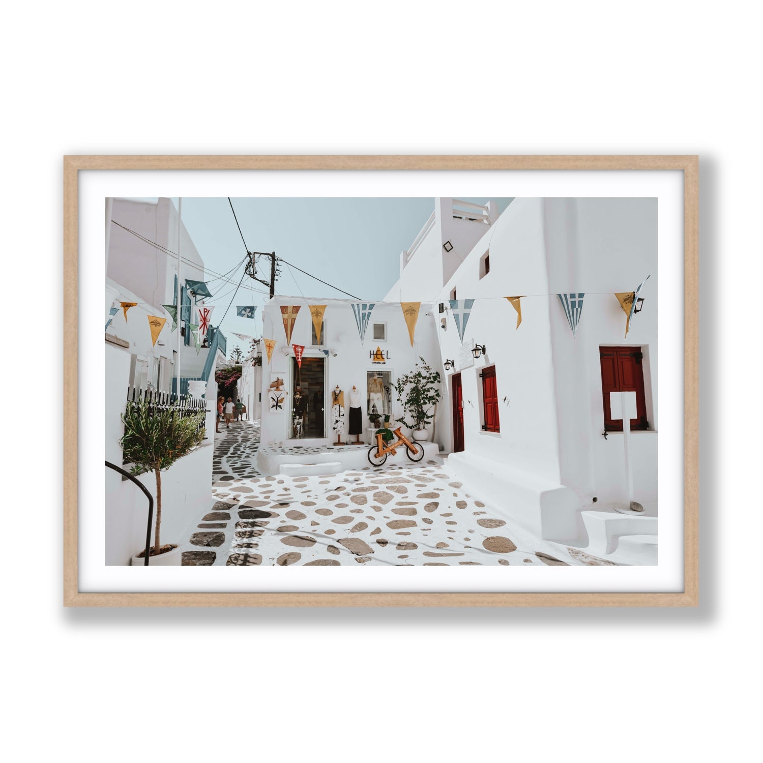 Cruising The Streets Mykonos Greek island wall art Gallery fine art print in natural oak frame with matboard