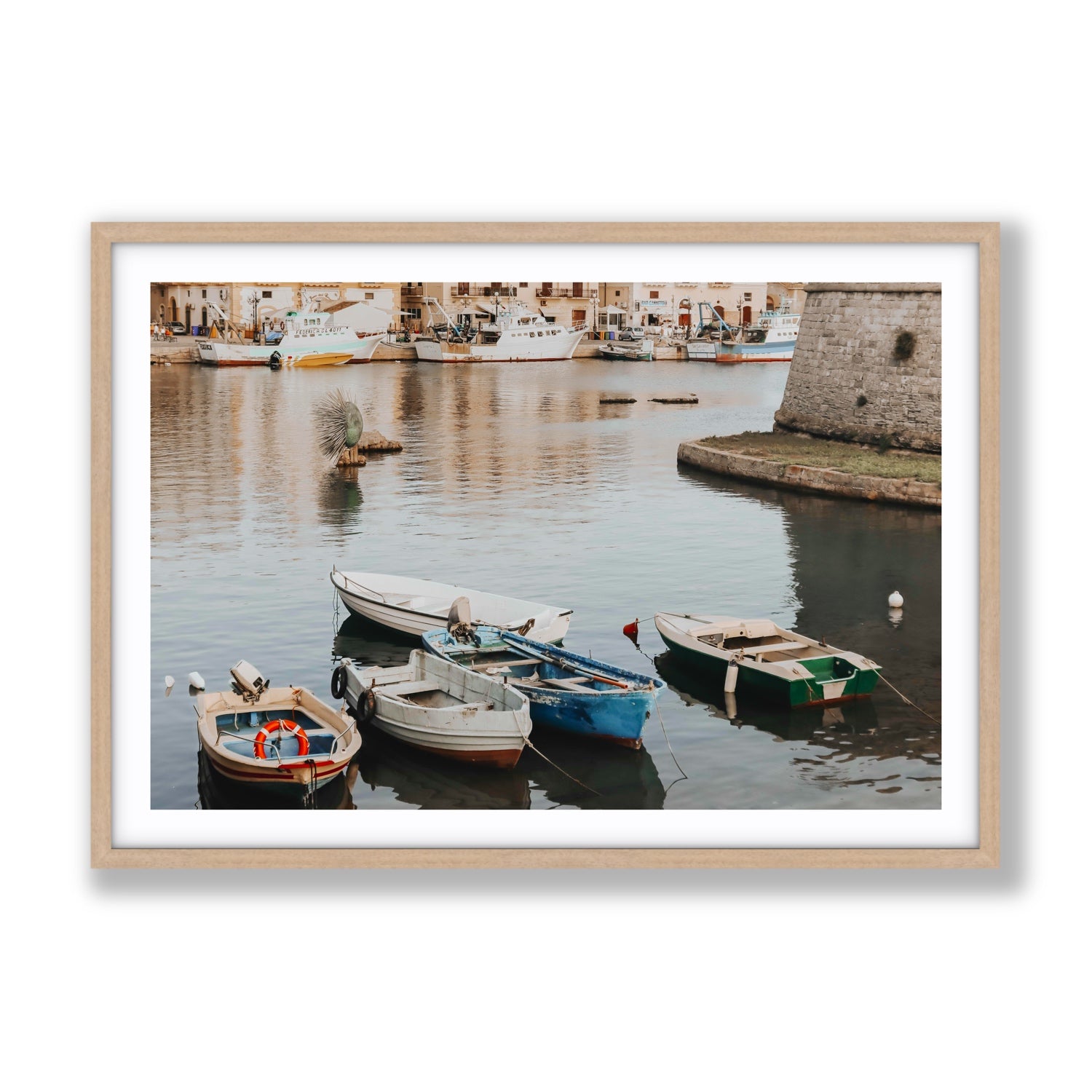 Cinque Barche Puglia Gallipoli Italian art print Gallery fine art print in natural oak frame with matboard