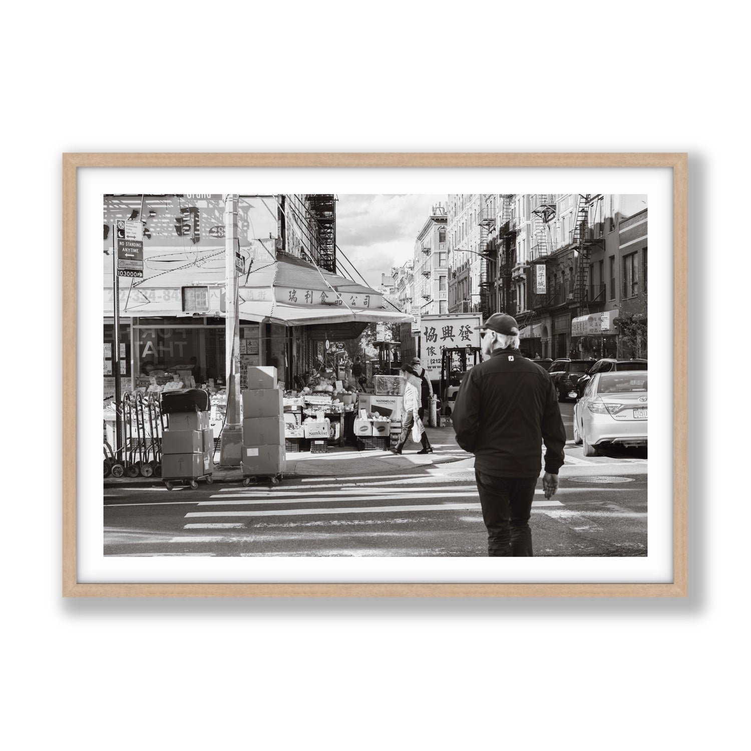 Chinatown New York NYC Street wall art Gallery fine art print in natural oak frame with matboard