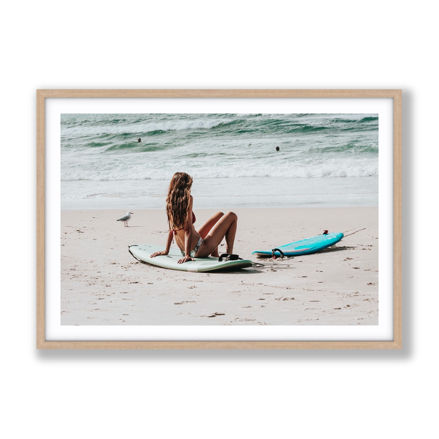 Ciao Bella Byron Bay Surf coastal wall art Gallery fine art print in natural oak frame with matboard
