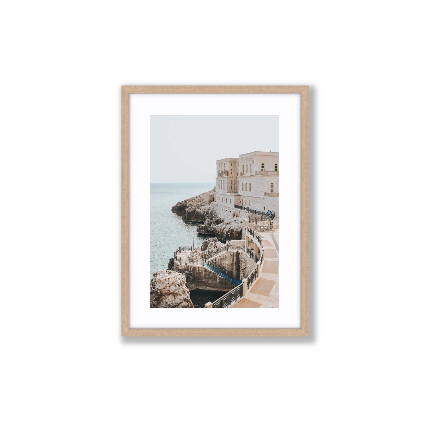 Santa Cesarea Puglia Italian coastal wall art Medium fine art print in natural oak frame with matboard
