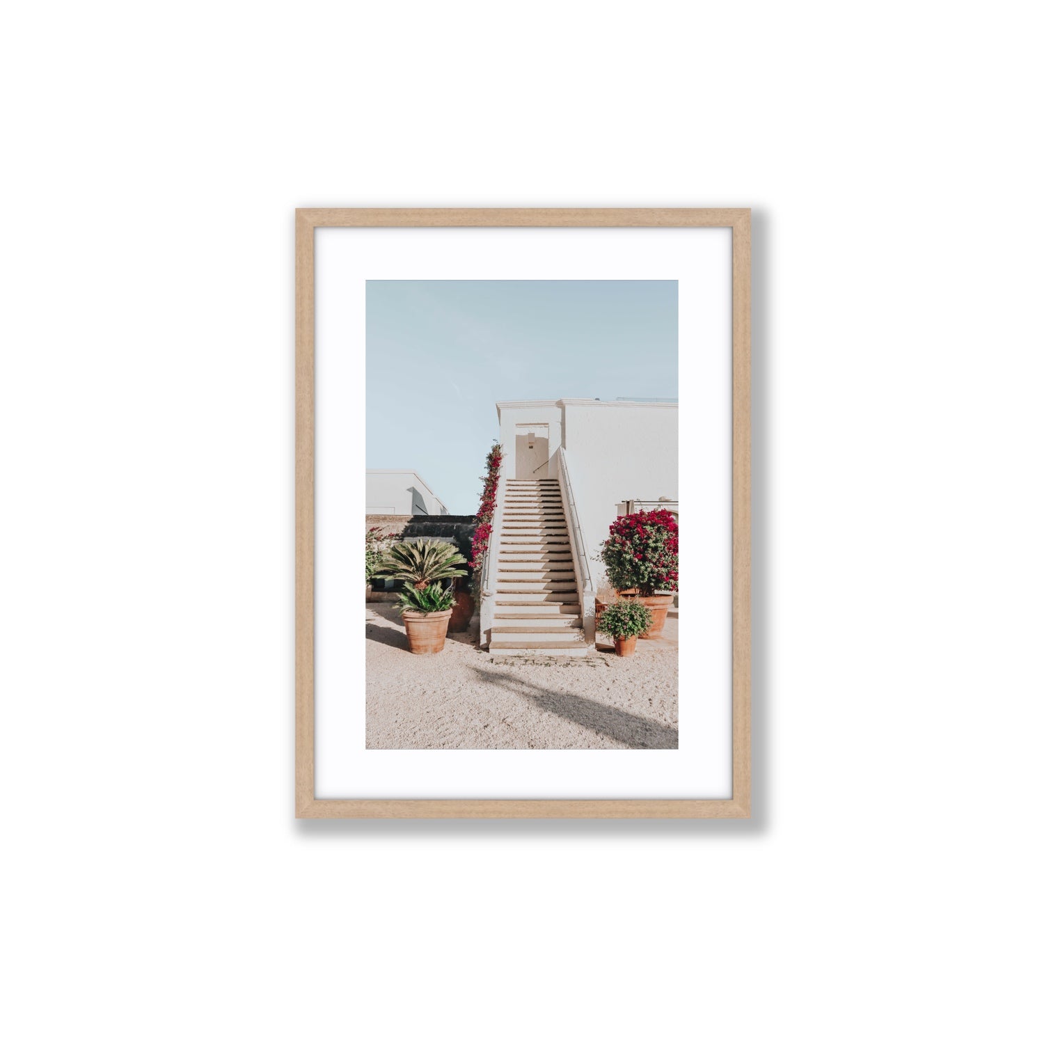 Tranquil Ascent Puglia Italian wall art Medium fine art print in natural oak frame with matboard