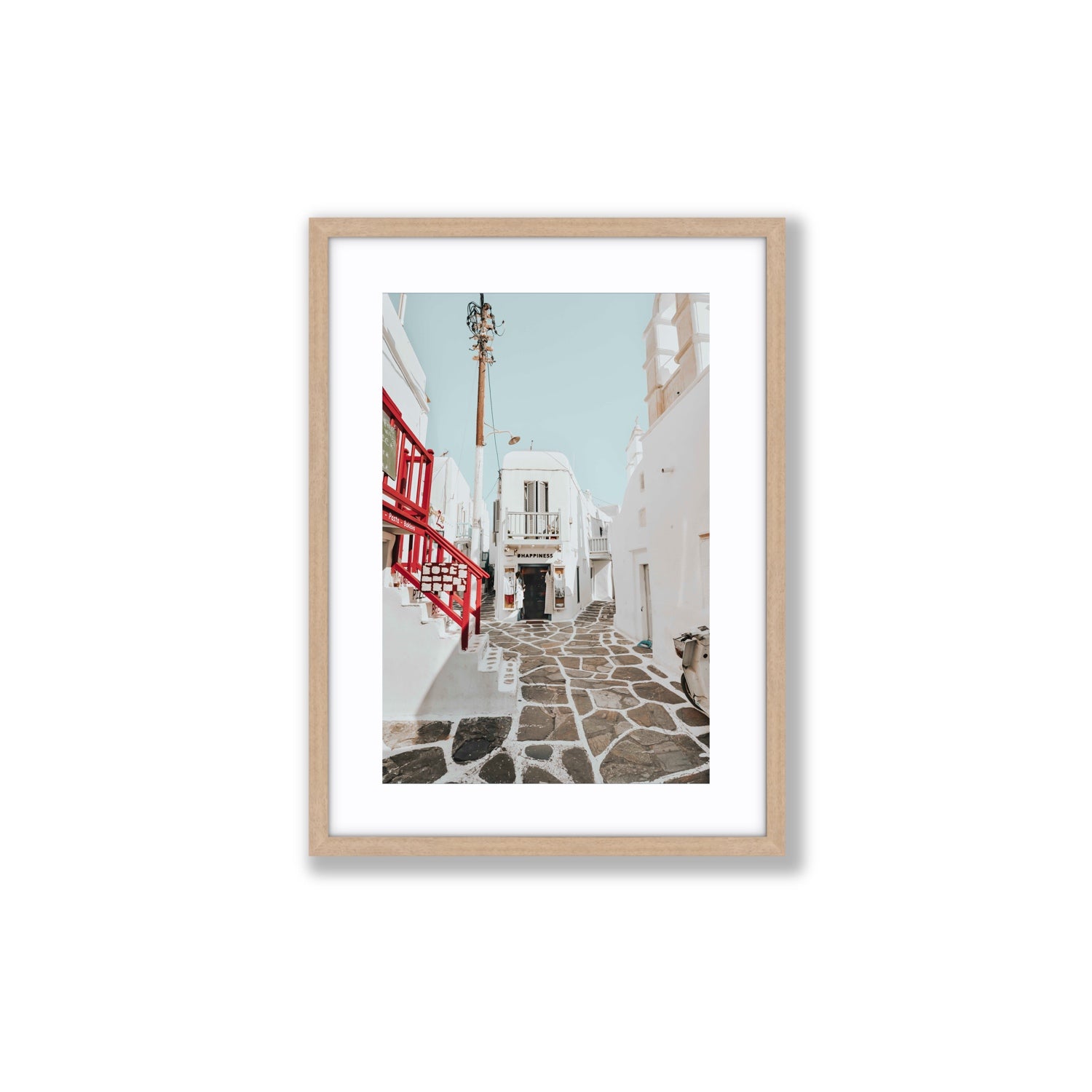 Happiness Mykonos Greek island wall art Medium fine art print in natural oak frame with matboard