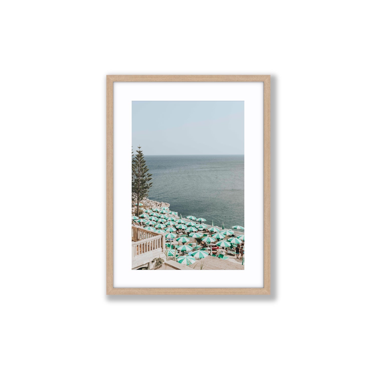 Sun-drenched Stripes Puglia beach coastal wall art Medium fine art print in natural oak frame with matboard