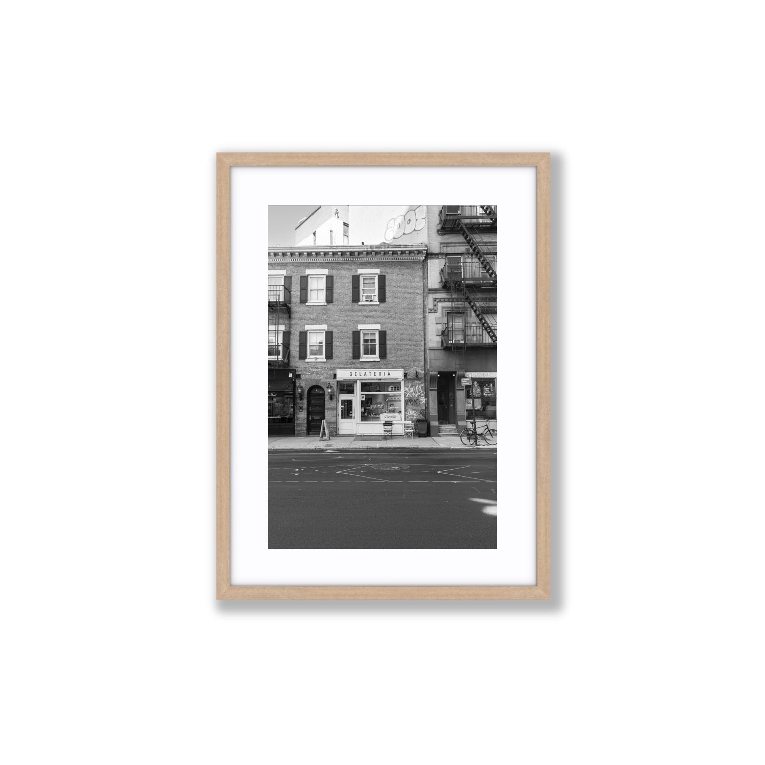 Gelateria New York NYC Black & White wall art Medium fine art print in natural oak frame with matboard