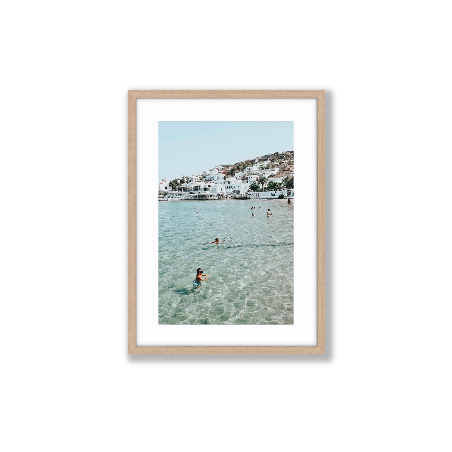 Beside The Seaside Mykonos beach Greek island wall art Medium fine art print in natural oak frame with matboard