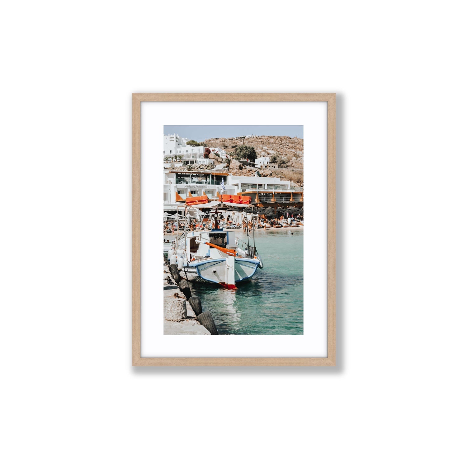 Travel In Style Mykonos Greek island wall art Medium fine art print in natural oak frame with matboard