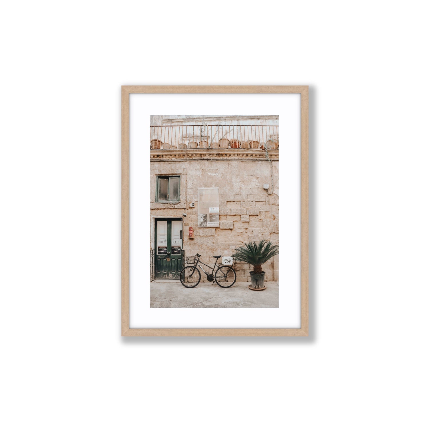 Golden Facades Puglia Lecce Italian wall art Medium fine art print in natural oak frame with matboard