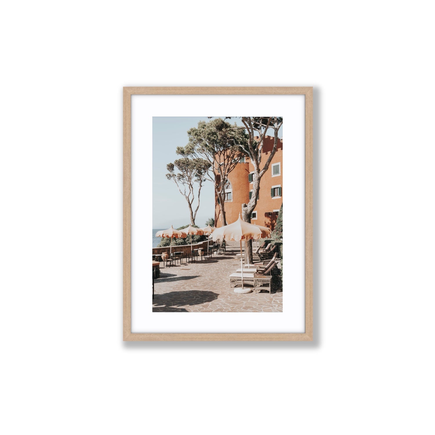 Mezzatorre Ischia Italian Mediterranean decor wall art Medium fine art print in natural oak frame with matboard