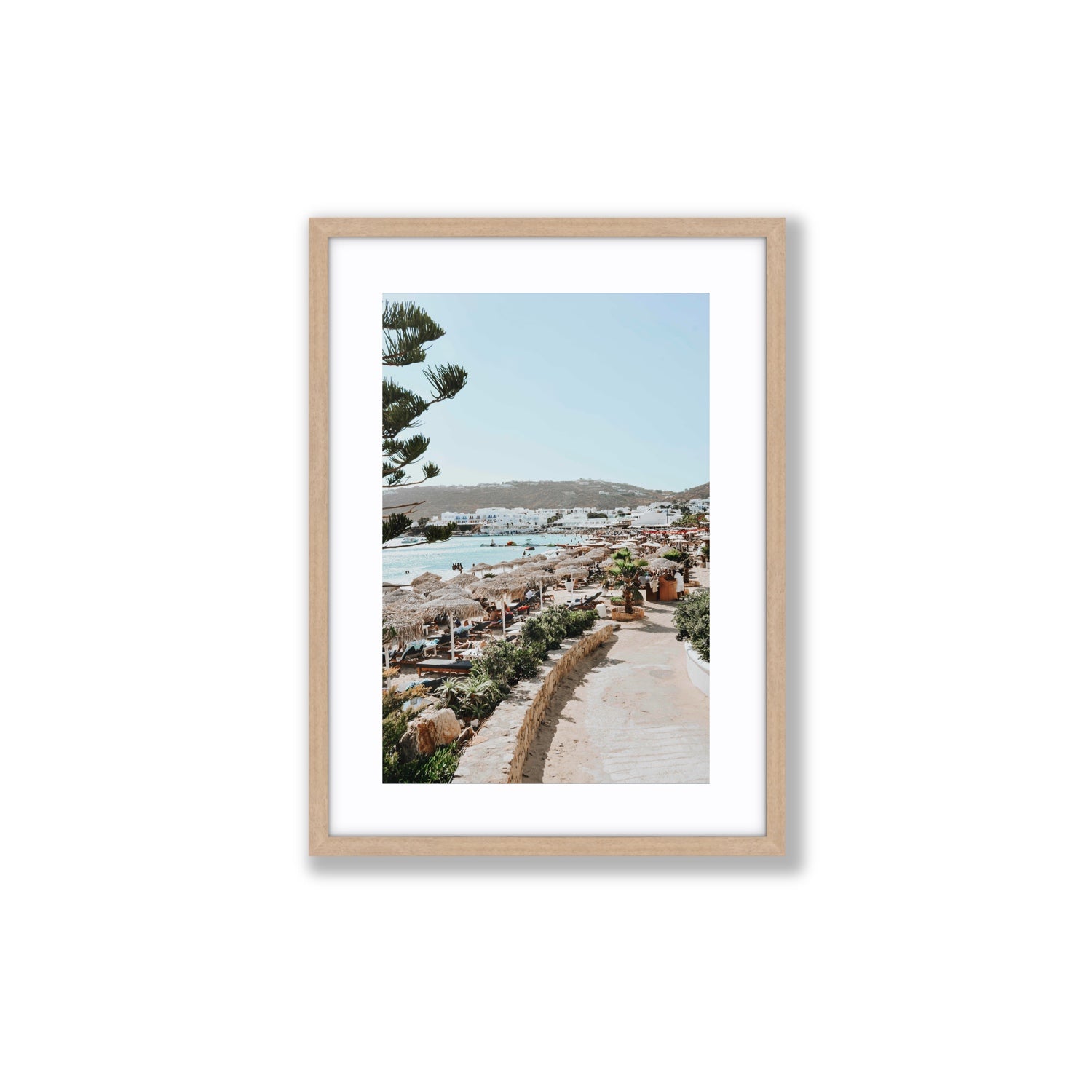 All Roads Lead To The Beach Mykonos Greek island wall art Medium fine art print in natural oak frame with matboard