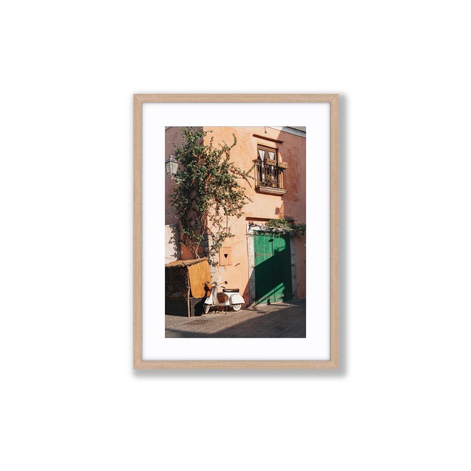 La Casa Ischia Italian Mediterranean decor wall art Medium fine art print in natural oak frame with matboard