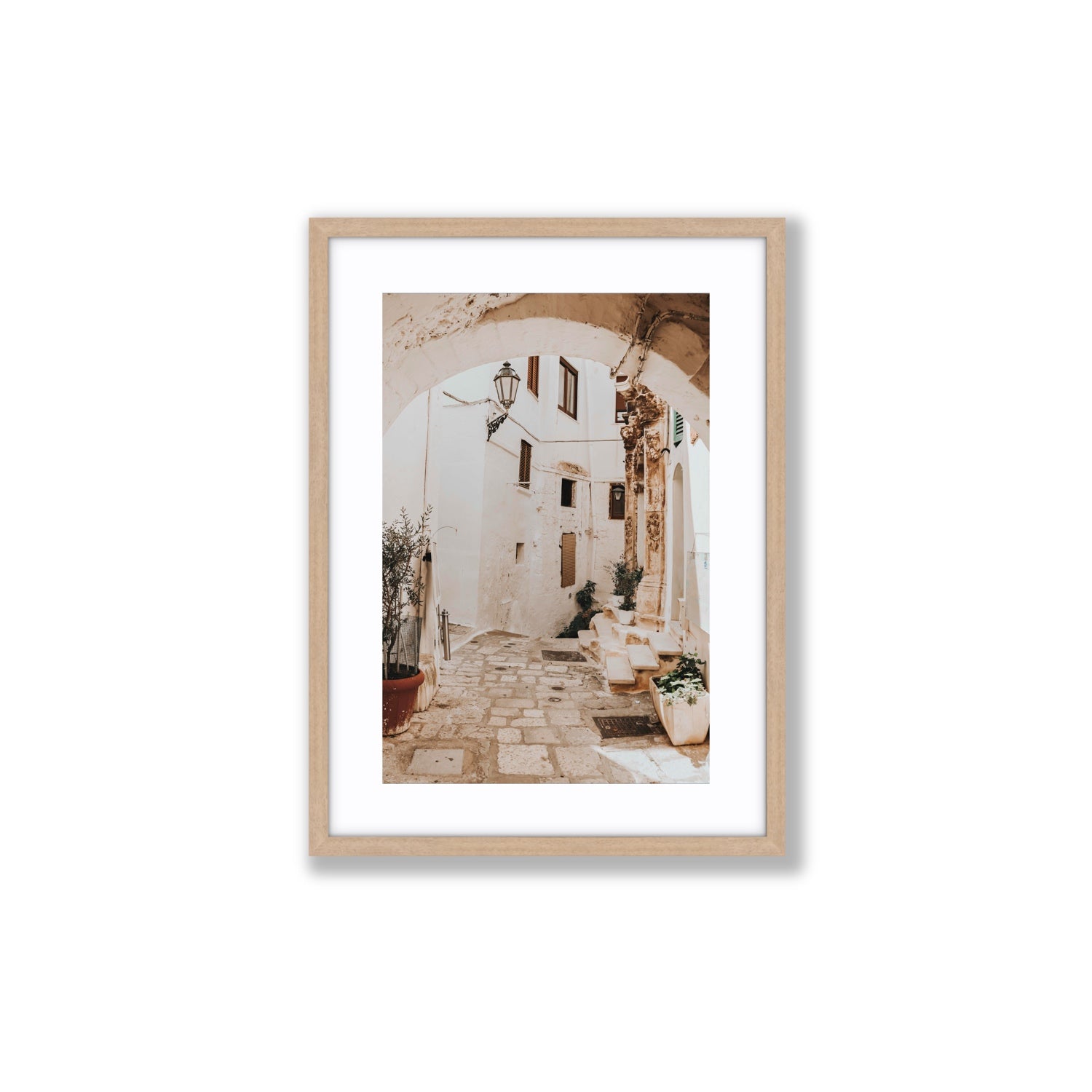 Pathway Wander Puglia Ostuni wall art Medium fine art print in natural oak frame with matboard