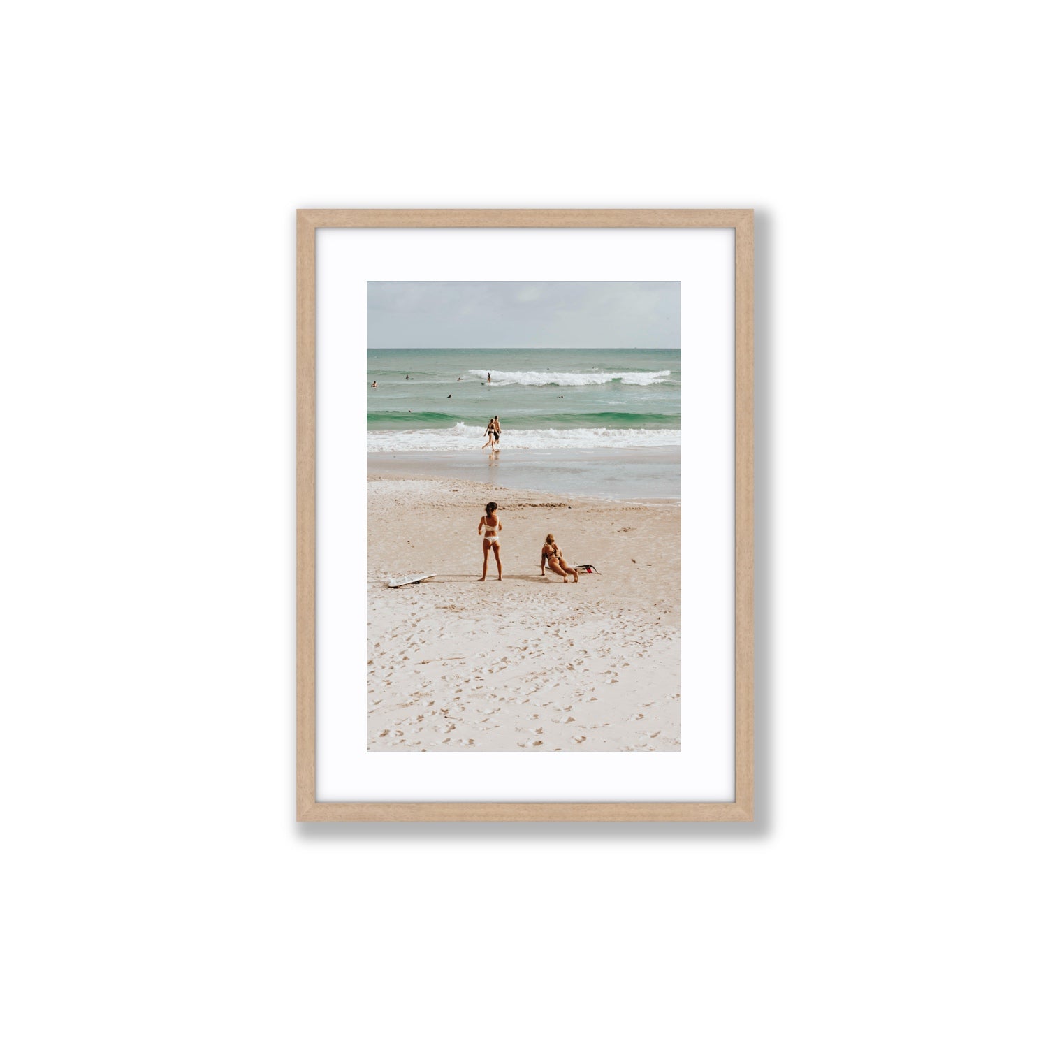 Gidget & Betty Byron Bay beach coastal wall art Medium fine art print in natural oak frame with matboard